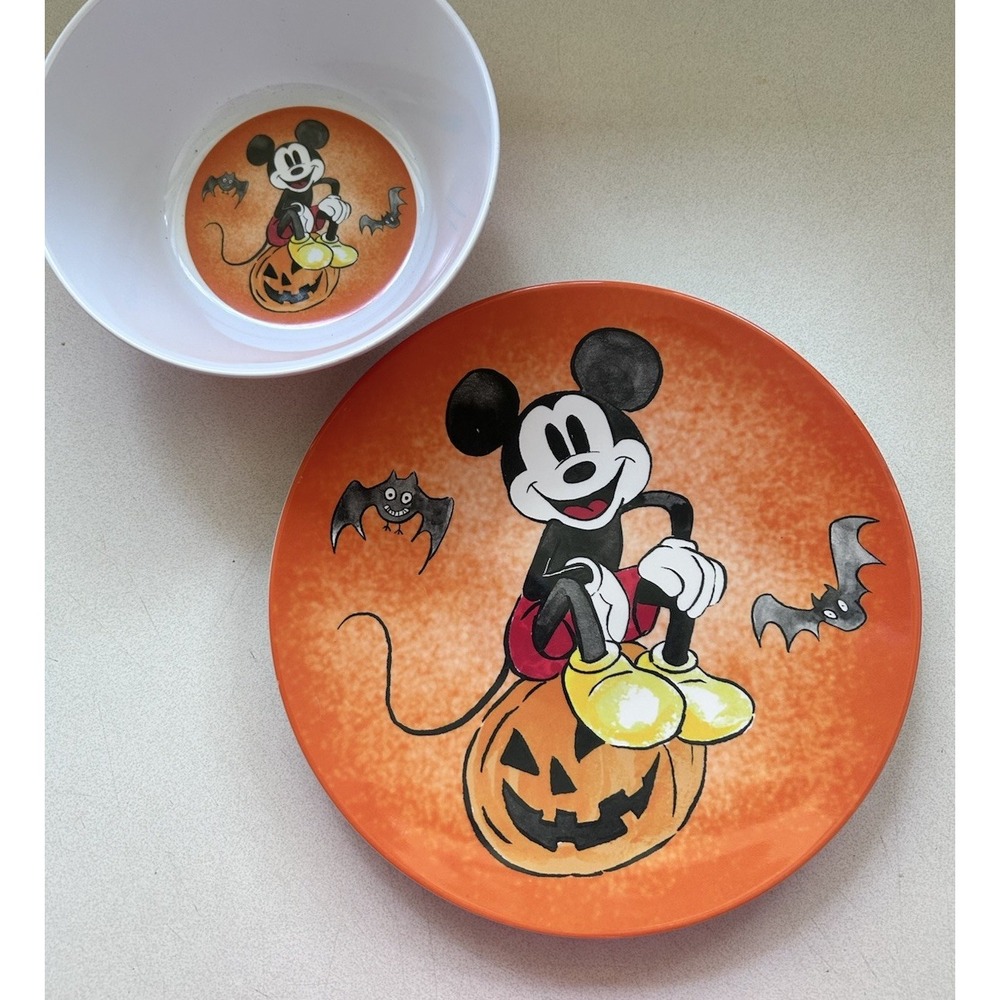 Pottery Barn Kids PBK Mickey Mouse Disney Plate & Bowl Halloween Pumpkin CUTE! - Picture 1 of 6